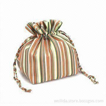 Cosmetic Bag in Stripes Printed Cloth with Drawstring Closure in Self Material
